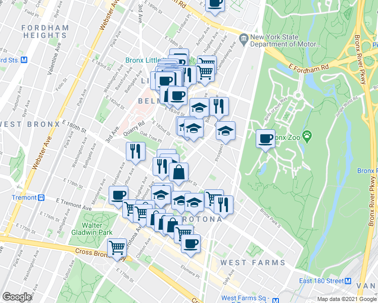 map of restaurants, bars, coffee shops, grocery stores, and more near 2152 Crotona Avenue in Bronx
