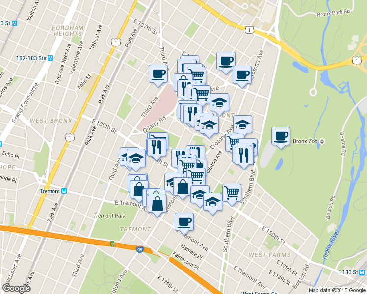 map of restaurants, bars, coffee shops, grocery stores, and more near 681 East 181st Street in Bronx