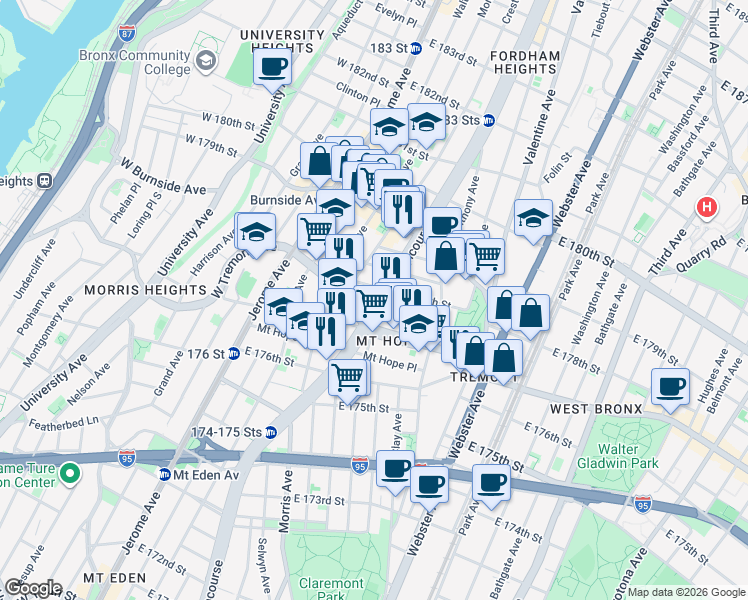 map of restaurants, bars, coffee shops, grocery stores, and more near in The Bronx
