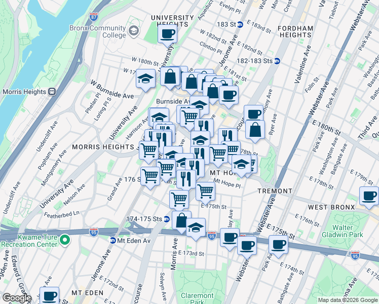 map of restaurants, bars, coffee shops, grocery stores, and more near 1892 Morris Avenue in Bronx