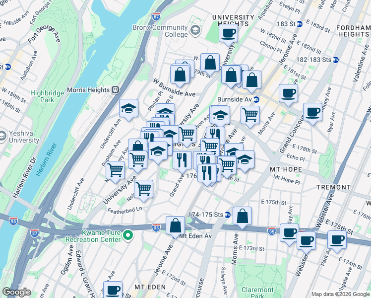 map of restaurants, bars, coffee shops, grocery stores, and more near in The Bronx