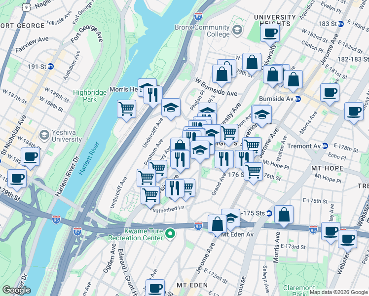 map of restaurants, bars, coffee shops, grocery stores, and more near in The Bronx