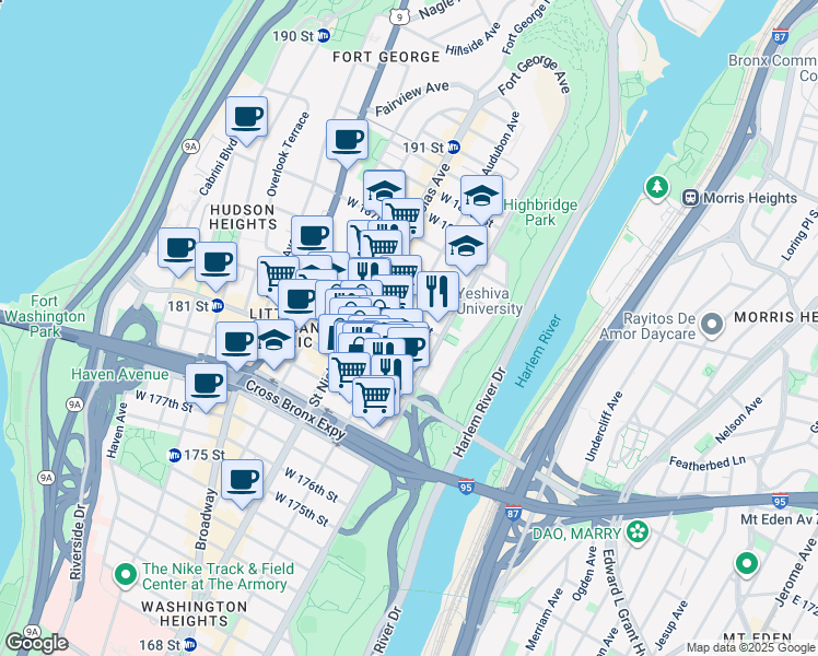 map of restaurants, bars, coffee shops, grocery stores, and more near 501 West 183rd Street in New York