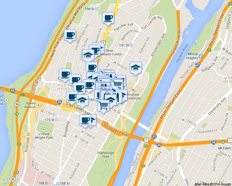 map of restaurants, bars, coffee shops, grocery stores, and more near 340 Audubon Avenue in New York