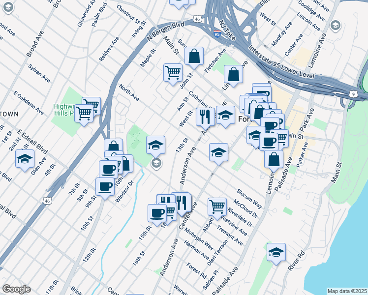 map of restaurants, bars, coffee shops, grocery stores, and more near 1515 Anderson Avenue in Fort Lee