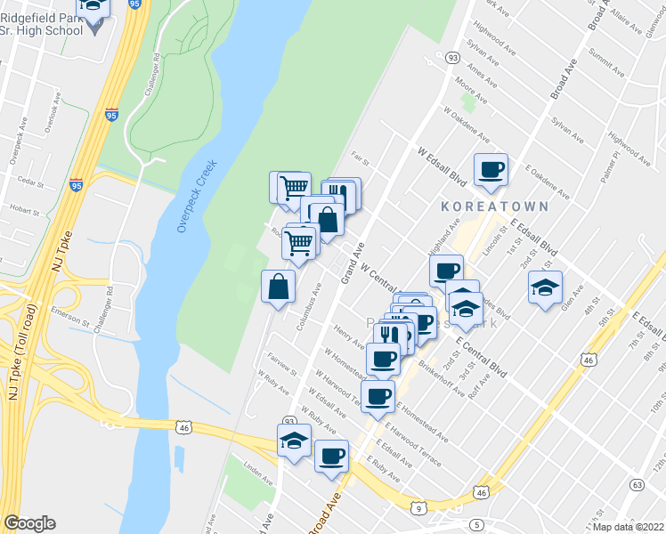 map of restaurants, bars, coffee shops, grocery stores, and more near 239 Grand Avenue in Palisades Park