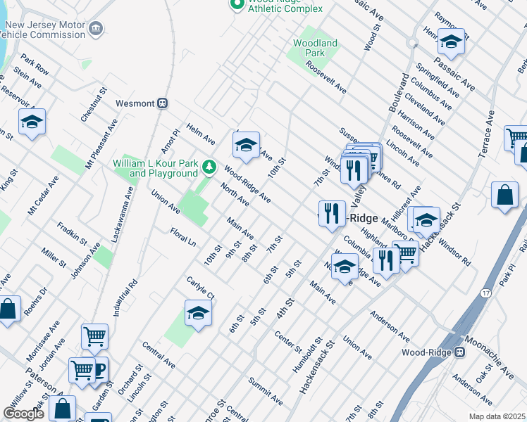 map of restaurants, bars, coffee shops, grocery stores, and more near 148 9th Street in Wood-Ridge