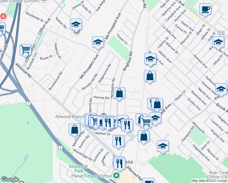 map of restaurants, bars, coffee shops, grocery stores, and more near 131 Brighton Road in Clifton