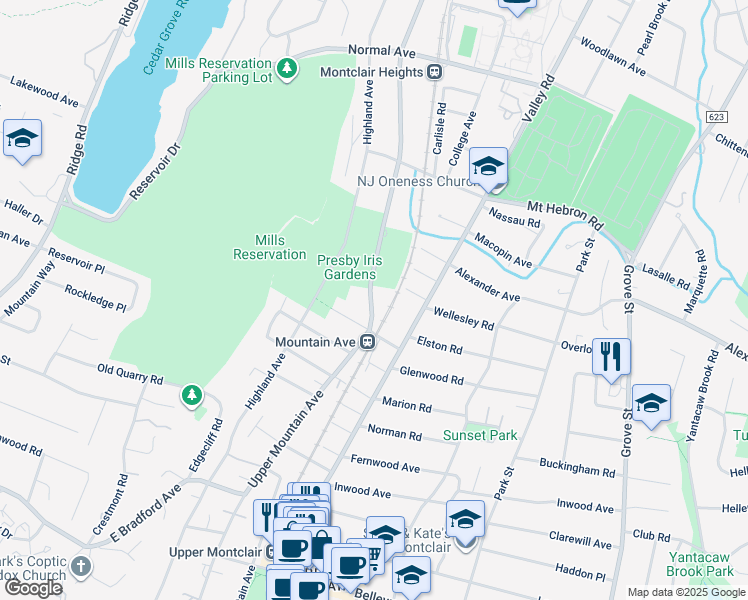 map of restaurants, bars, coffee shops, grocery stores, and more near 469 Upper Mountain Avenue in Montclair