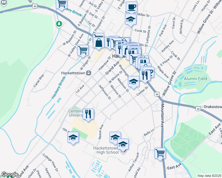 map of restaurants, bars, coffee shops, grocery stores, and more near 411 Church Street in Hackettstown