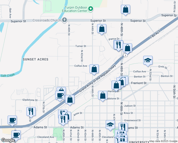 map of restaurants, bars, coffee shops, grocery stores, and more near 4321 Edison Circle in Lincoln