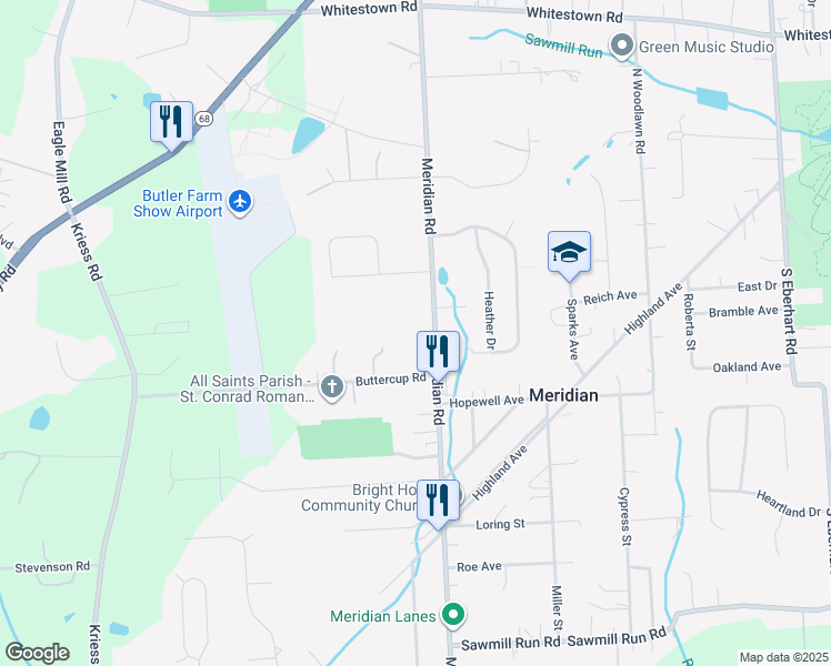 map of restaurants, bars, coffee shops, grocery stores, and more near 102 Buttercup Road in Meridian