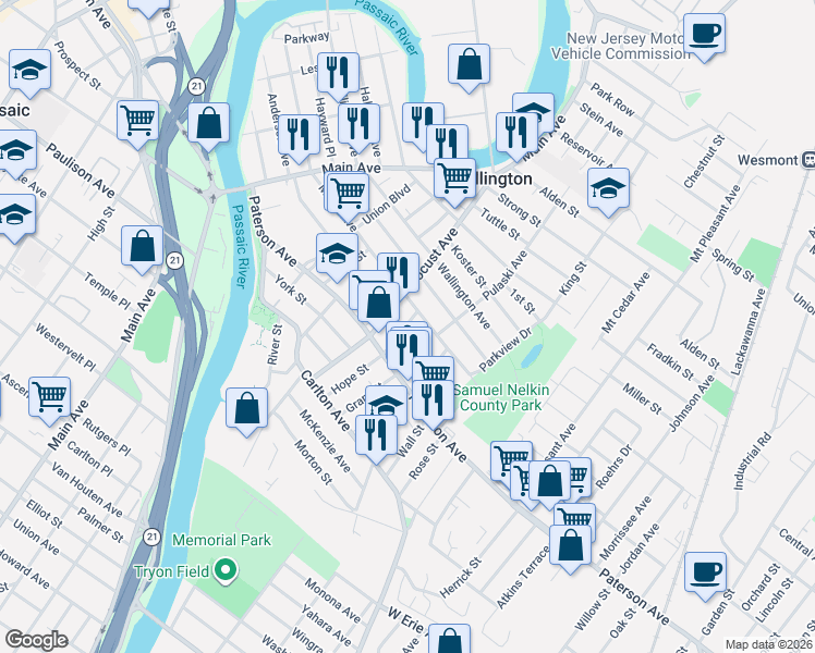 map of restaurants, bars, coffee shops, grocery stores, and more near 177 Paterson Avenue in Wallington
