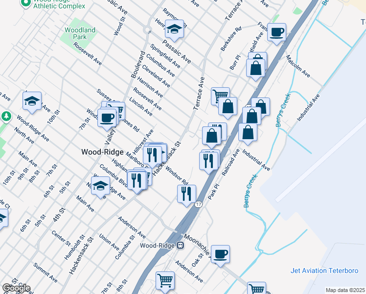 map of restaurants, bars, coffee shops, grocery stores, and more near 304 Hackensack Street in Wood-Ridge