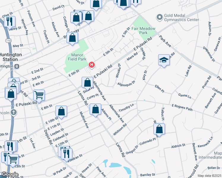 map of restaurants, bars, coffee shops, grocery stores, and more near 12 Winoka Drive in Huntington Station