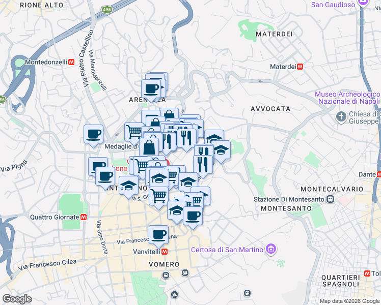 map of restaurants, bars, coffee shops, grocery stores, and more near 41 Via Vincenzo Mosca in Napoli
