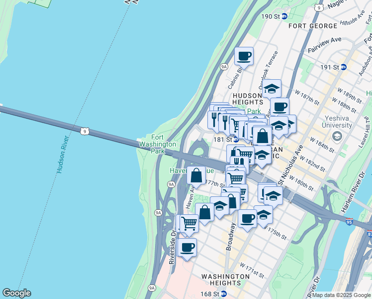 map of restaurants, bars, coffee shops, grocery stores, and more near 1320 Riverside Drive in New York