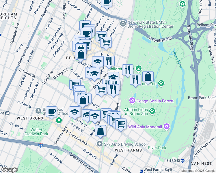 map of restaurants, bars, coffee shops, grocery stores, and more near 780 Garden Street in Bronx