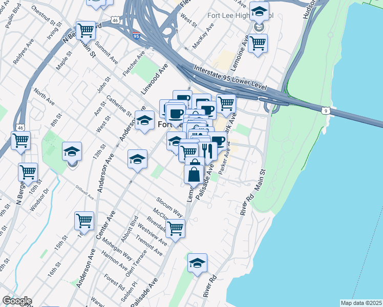 map of restaurants, bars, coffee shops, grocery stores, and more near 1605 Lemoine Avenue in Fort Lee