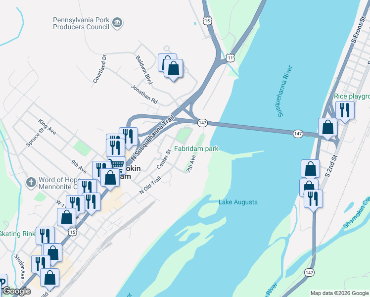 map of restaurants, bars, coffee shops, grocery stores, and more near 6 6th Avenue in Shamokin Dam