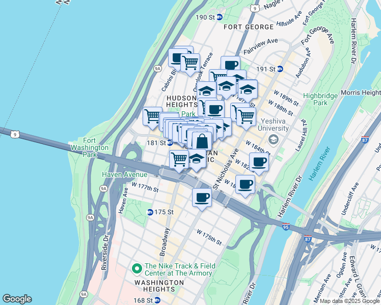 map of restaurants, bars, coffee shops, grocery stores, and more near 728 West 181st Street in New York