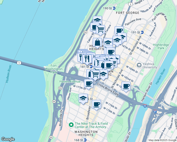 map of restaurants, bars, coffee shops, grocery stores, and more near in New York