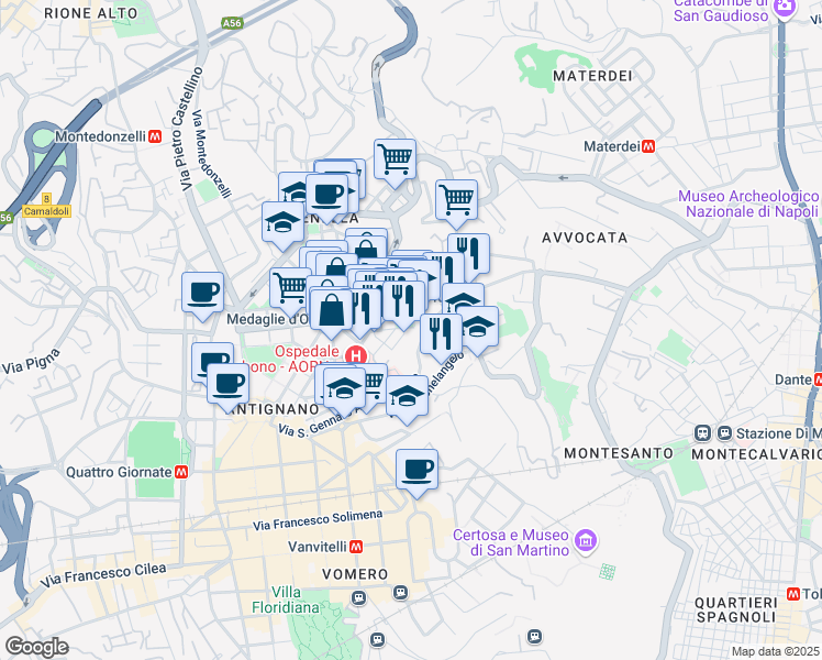 map of restaurants, bars, coffee shops, grocery stores, and more near 25 Piazza dell'Immacolata in Napoli