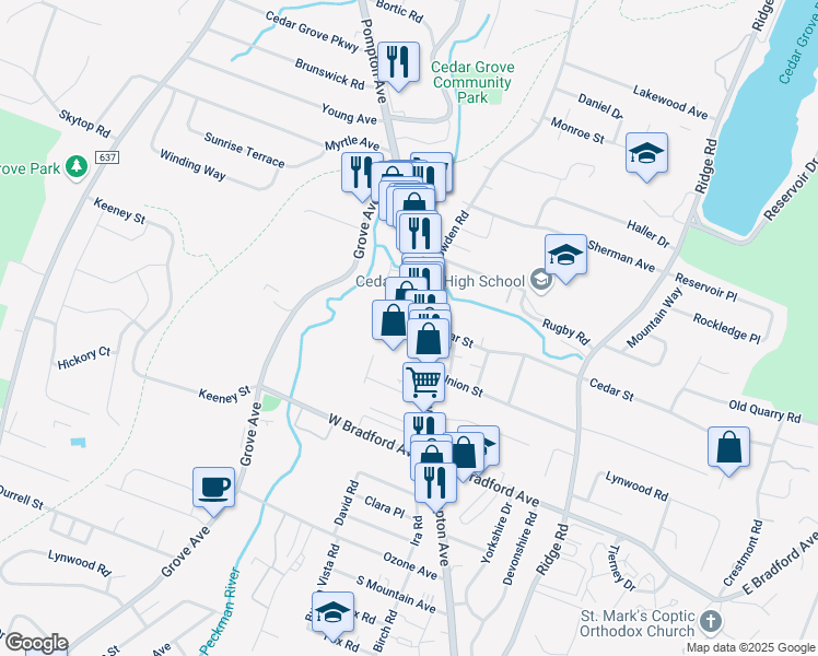 map of restaurants, bars, coffee shops, grocery stores, and more near 496 Pompton Avenue in Cedar Grove