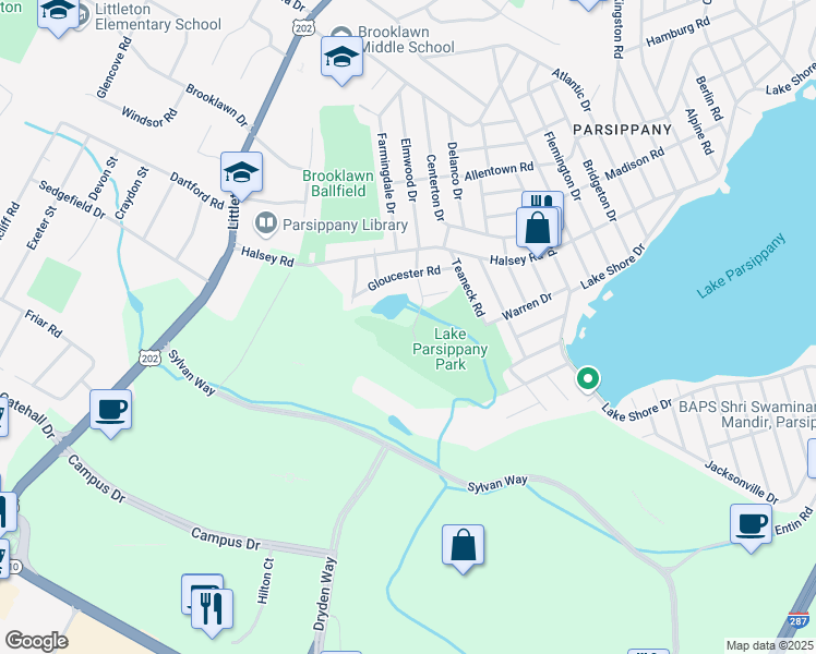map of restaurants, bars, coffee shops, grocery stores, and more near 3 Elmwood Court in Parsippany-Troy Hills