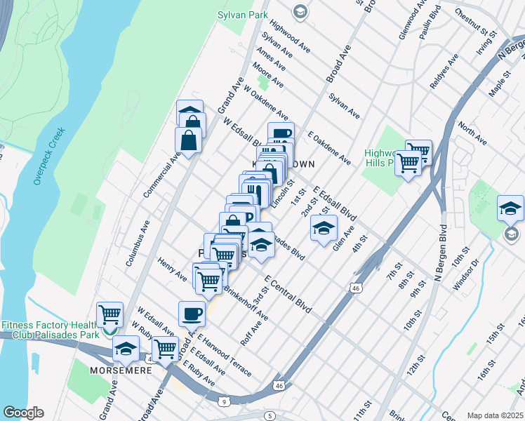 map of restaurants, bars, coffee shops, grocery stores, and more near 17A West Washington Place in Palisades Park