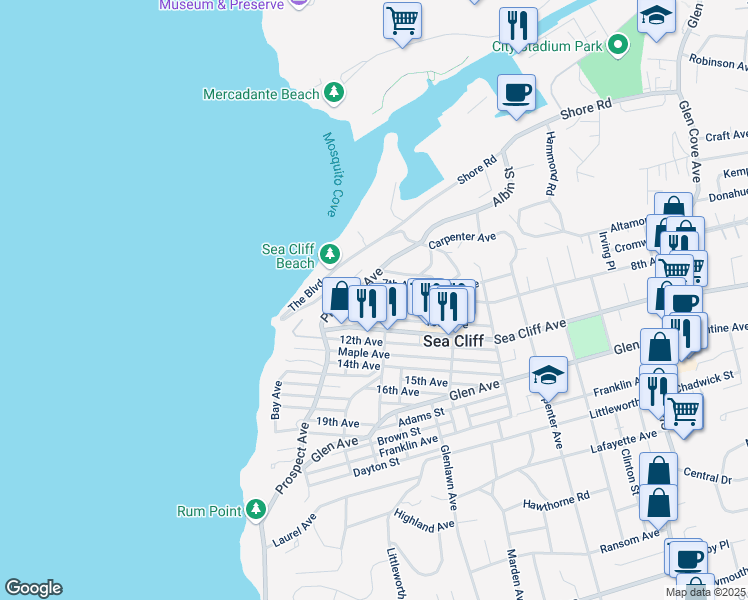 map of restaurants, bars, coffee shops, grocery stores, and more near 54 Prospect Avenue in Sea Cliff