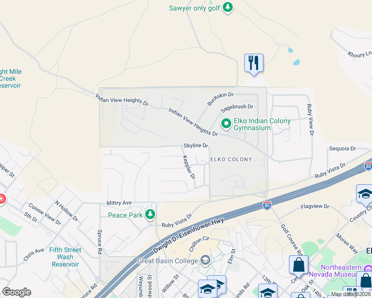 map of restaurants, bars, coffee shops, grocery stores, and more near 486 Skyline Dr in Elko