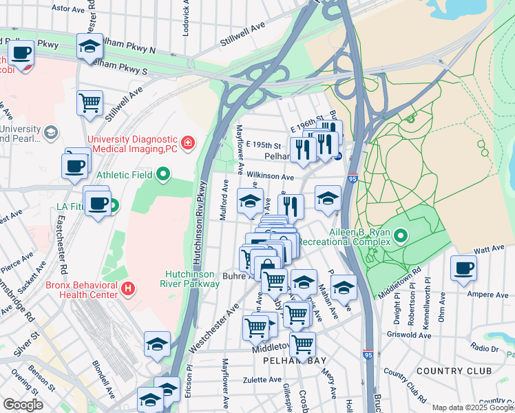 map of restaurants, bars, coffee shops, grocery stores, and more near in The Bronx