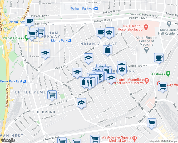 map of restaurants, bars, coffee shops, grocery stores, and more near in The Bronx