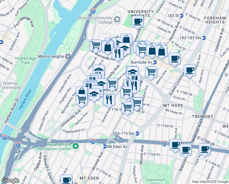 map of restaurants, bars, coffee shops, grocery stores, and more near 147 Morton Place in The Bronx