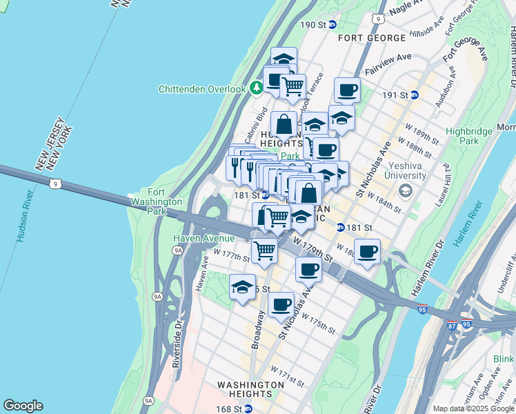 map of restaurants, bars, coffee shops, grocery stores, and more near in New York