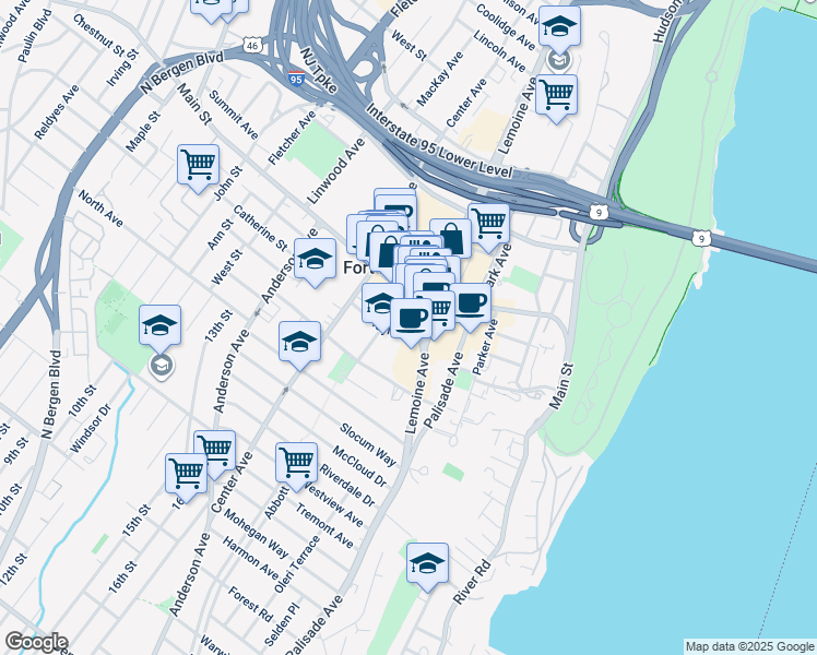 map of restaurants, bars, coffee shops, grocery stores, and more near 214 Main Street in Fort Lee