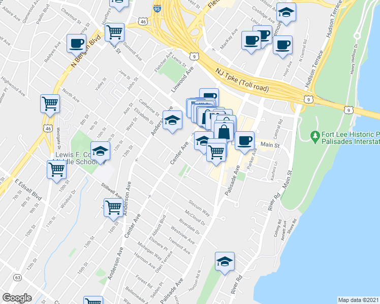 map of restaurants, bars, coffee shops, grocery stores, and more near 275 Hoym Street in Fort Lee