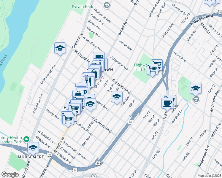 map of restaurants, bars, coffee shops, grocery stores, and more near 466 1st Street in Palisades Park