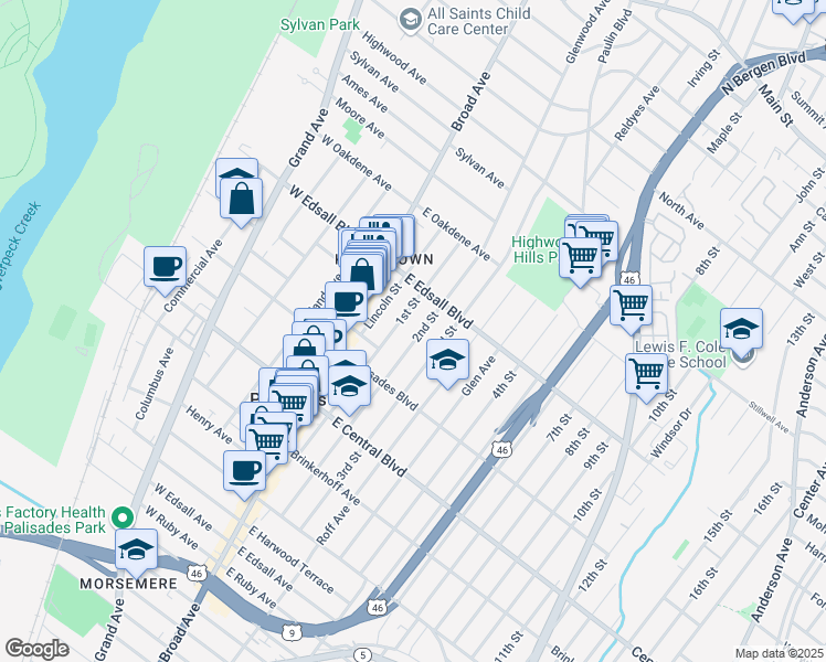 map of restaurants, bars, coffee shops, grocery stores, and more near 466 1st Street in Palisades Park