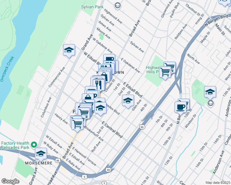 map of restaurants, bars, coffee shops, grocery stores, and more near 466 1st Street in Palisades Park