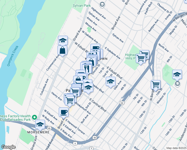 map of restaurants, bars, coffee shops, grocery stores, and more near 435 Lincoln Street in Palisades Park