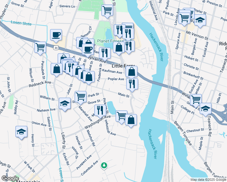 map of restaurants, bars, coffee shops, grocery stores, and more near 49 Petersilge Drive in Little Ferry