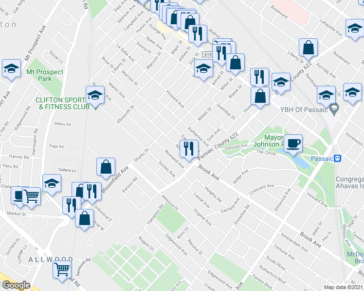 map of restaurants, bars, coffee shops, grocery stores, and more near 63 Dawson Avenue in Clifton