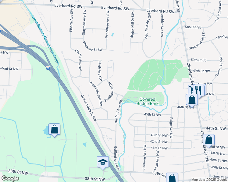 map of restaurants, bars, coffee shops, grocery stores, and more near 2907 Parklane Street Northwest in Canton