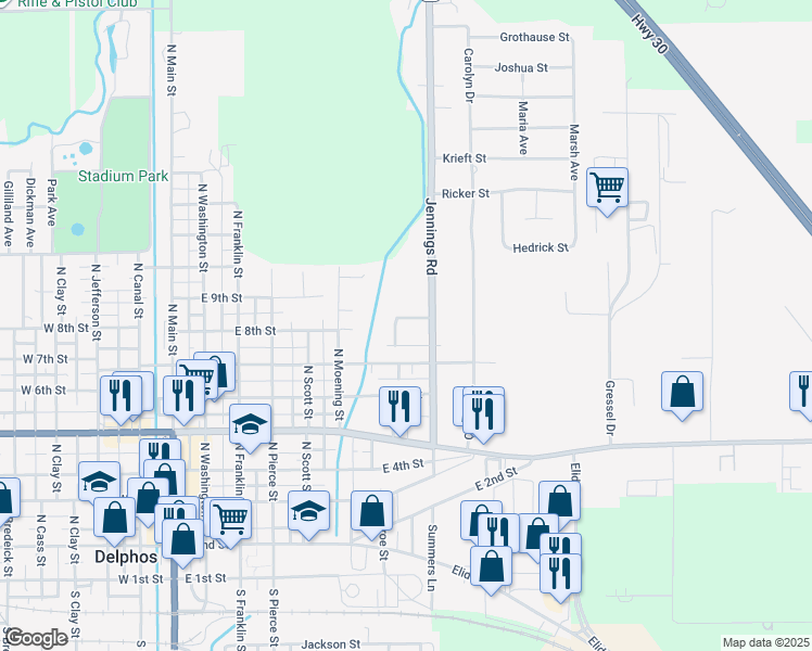 map of restaurants, bars, coffee shops, grocery stores, and more near 901 FT Jennings Rd in Delphos