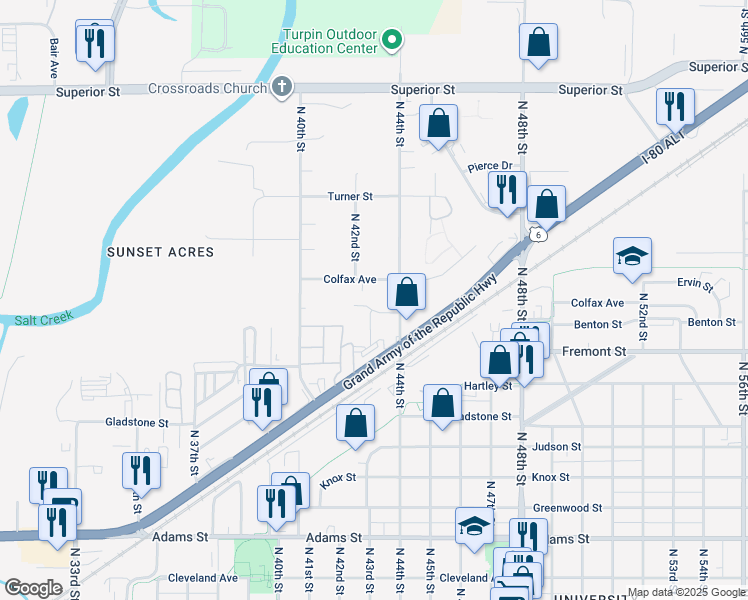 map of restaurants, bars, coffee shops, grocery stores, and more near 4300 Edison Circle in Lincoln