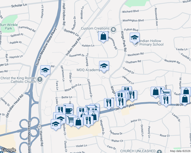map of restaurants, bars, coffee shops, grocery stores, and more near 25 Poplar Lane in Commack