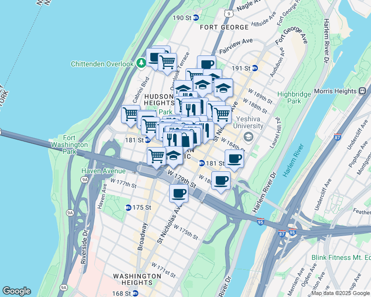 map of restaurants, bars, coffee shops, grocery stores, and more near 624 West 182nd Street in New York
