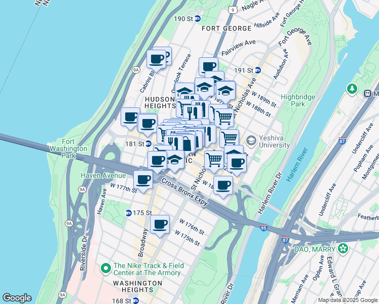 map of restaurants, bars, coffee shops, grocery stores, and more near 160 Wadsworth Avenue in New York